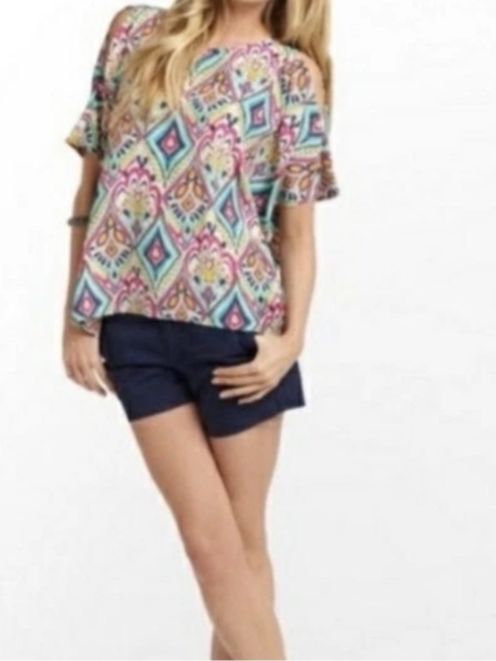 NWOT SILK Lilly Pulitzer Cold-Shoulder Printed Tee in Pink, Turquoise & Yellow
